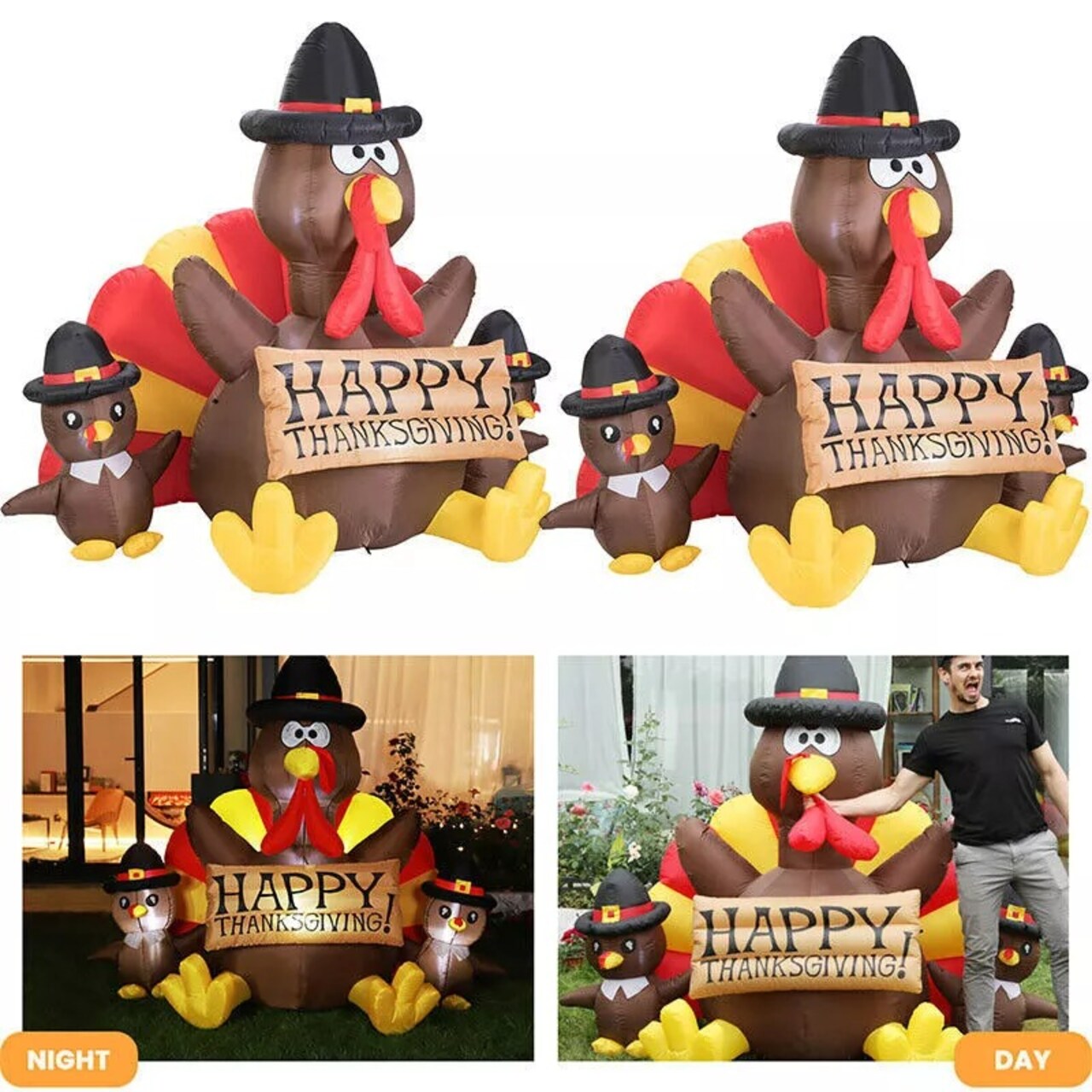 2pcs 6ft Thanksgiving Inflatable LED Lighted Turkey Family Blow up Lawn Yard Dec